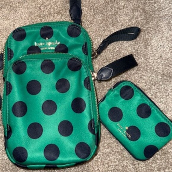 Kate Spade New York Small Crossbody Bag: Green Nylon w/Navy Polka Dots - Picture 1 of 4